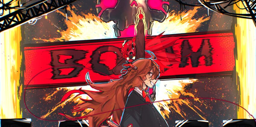 1girl absurdres ahoge arm_up black_cardigan bow bowtie cardigan collared_shirt evil_neuro-sama from_side grin hair_between_eyes highres long_hair long_sleeves middle_finger neuro-sama open_hand pumpurumpum2 red_bow red_bowtie red_eyes shirt smile solo sound_effects upper_body vedal_ai virtual_youtuber white_shirt