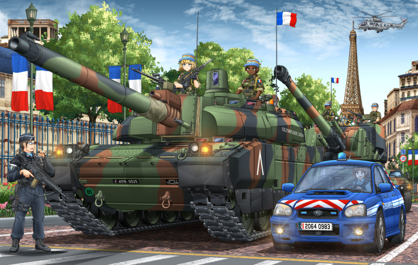 3girls 4boys absurdres aircraft amx-30_(tank) amx-30_auf1 armored_vehicle black_footwear black_gloves black_pants blonde_hair brown_hair camouflage camouflage_jacket car dark-skinned_female dark-skinned_male dark_skin eiffel_tower eurocopter_super_cougar flag flag_on_vehicle french_army french_flag gendarmerie_nationale gloves green_eyes gun hat helicopter highres holding holding_gun holding_weapon jacket leclerc_(tank) machine_gun mikeran_(mikelan) military military_fatigues military_hat military_uniform military_vehicle motor_vehicle multiple_boys multiple_girls original panhard_vbl pants paris peaked_cap police_car self-propelled_artillery subaru_(brand) subaru_impreza tank weapon