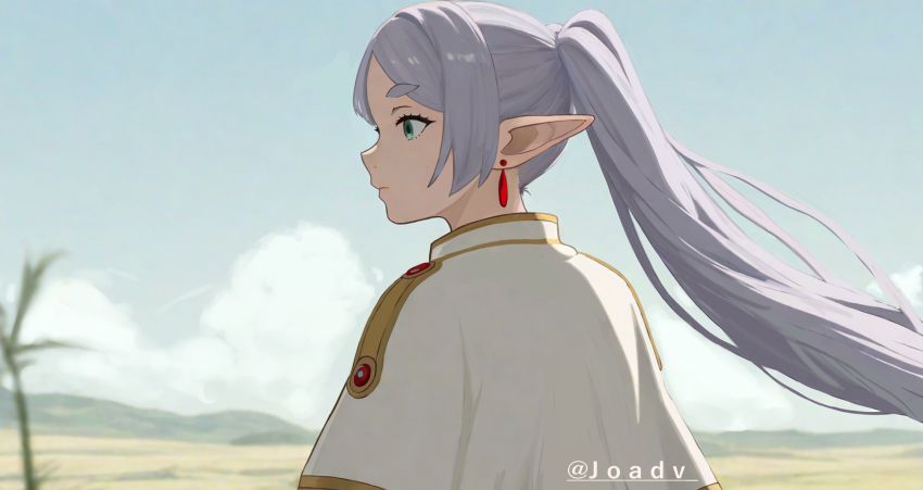1girl capelet closed_mouth cloud day earrings elf expressionless frieren green_eyes grey_hair highres jewelry joadv long_hair outdoors pointy_ears solo sousou_no_frieren twintails twitter_username white_capelet