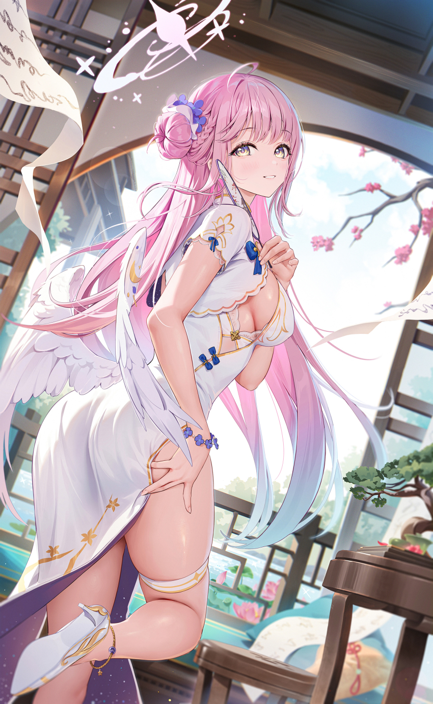 1girl absurdres blue_archive breasts chinese_clothes cleavage highres houkisei long_hair looking_at_viewer mika_(blue_archive) pink_hair smile solo yellow_eyes