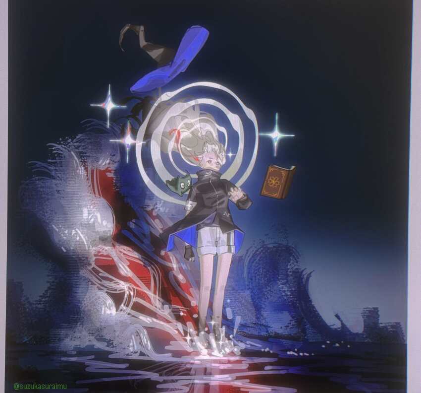 &gt;_&lt; 1girl absurdres asymmetrical_sleeves black_background black_coat black_gloves book casting_spell chinese_commentary coat commentary_request creature floating floating_hat floating_object full_body gloves gomidasu_(kamitsubaki_studio) gradient_background grey_eyes grey_hair grimoire hair_floating_upwards hand_up hat heterochromia highres isekaijoucho kamitsubaki_studio long_hair looking_ahead magic multicolored_hair no_shoes open_book red_eyes red_hair shorts single_glove solo sparkle standing standing_on_liquid streaked_hair suzukasuraimu twitter_username uneven_sleeves unfinished unworn_hat unworn_headwear virtual_youtuber waves white_shorts witch_hat