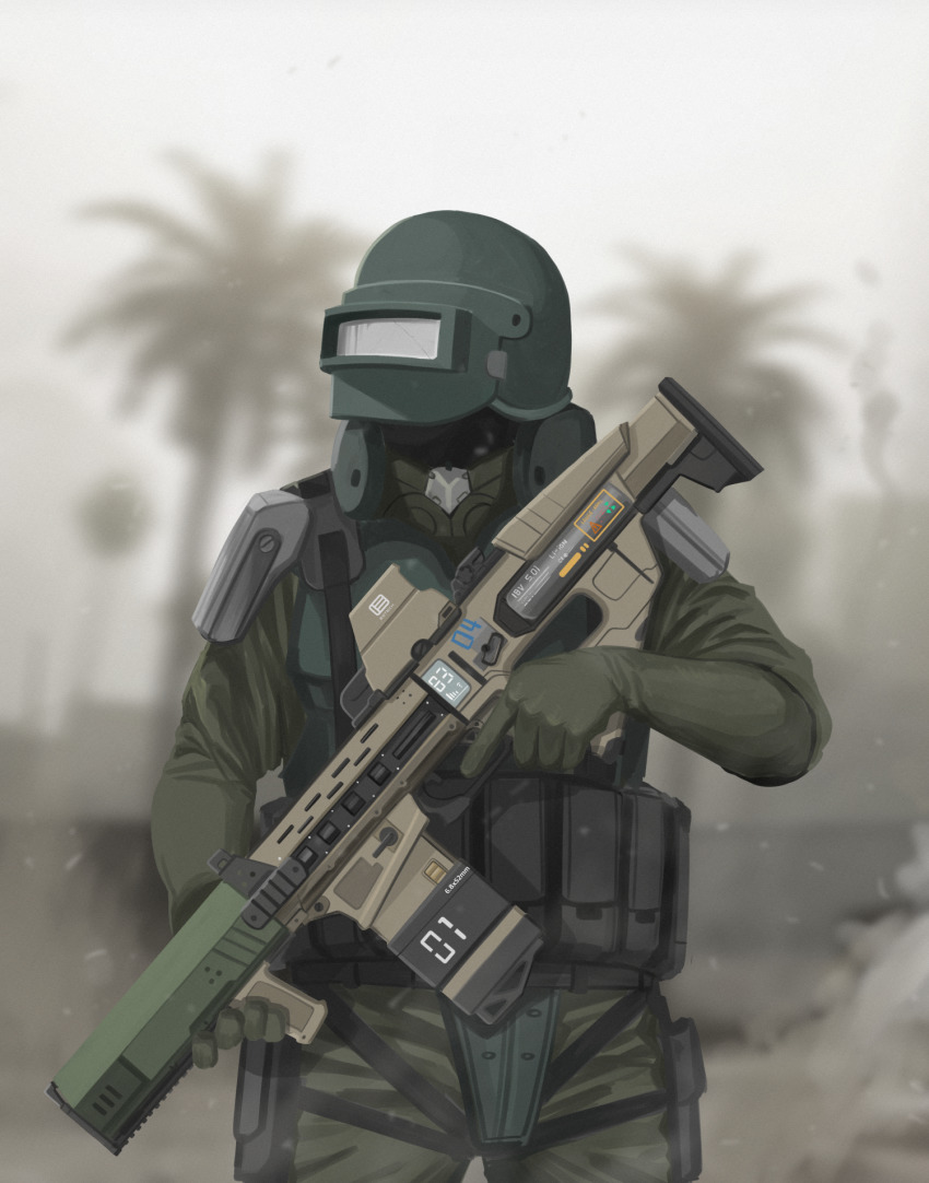 armor assault_rifle ballistic_face_shield ballistic_helmet blurry blurry_background bulletproof_vest cursed_m4a1_(meme) face_shield girls&#039;_frontline gun helmet highres holding holding_gun holding_weapon kcco_(girls&#039;_frontline) magazine_(weapon) palm_tree parabellum polygonal_suppressor rifle scope shoulder_armor solo stubby_grip suppressor tactical_clothes tree trigger_discipline vertical_forward_grip weapon