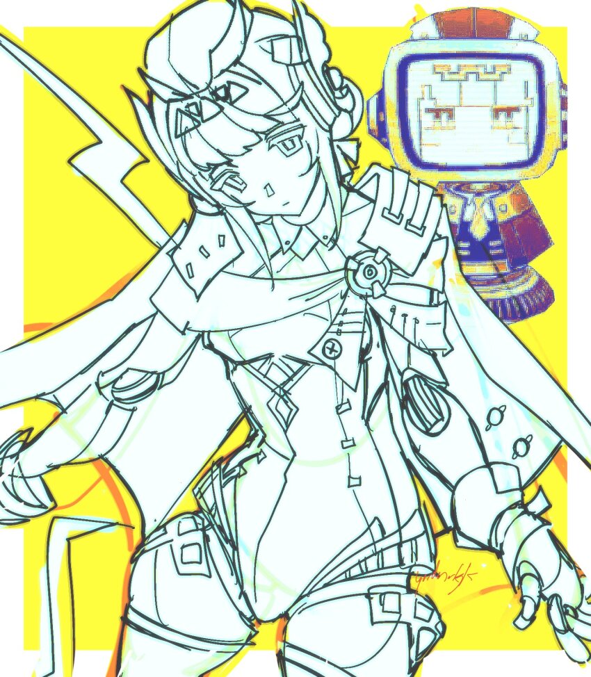 1girl artist_name blunt_bangs cape closed_mouth genshin_impact hair_ornament hair_up head_tilt headpiece highres hood hood_down humanoid_robot ineffa_(genshin_impact) joints looking_at_viewer partially_colored robot robot_girl robot_joints signature solo yellow_background yordanrkgk