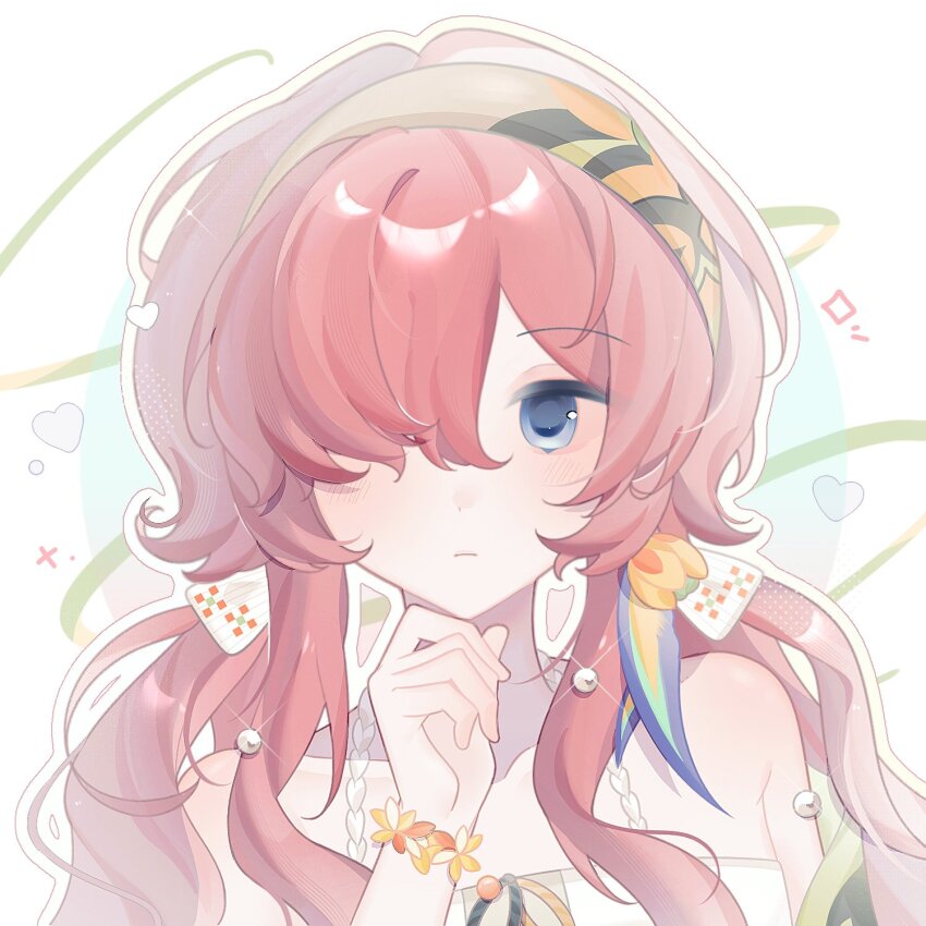 bare_shoulders blue_eyes closed_mouth dress green_hairband hair_over_eyes hairband hand_on_own_chin hand_up highres long_hair looking_at_viewer low_twintails official_alternate_costume one_eye_covered red_hair reverse:1999 sleeveless sleeveless_dress straight-on stroking_own_chin twintails white_background white_dress yenisei_(around_the_riverbend)_(reverse:1999) yenisei_(reverse:1999) zhi_zuo_de