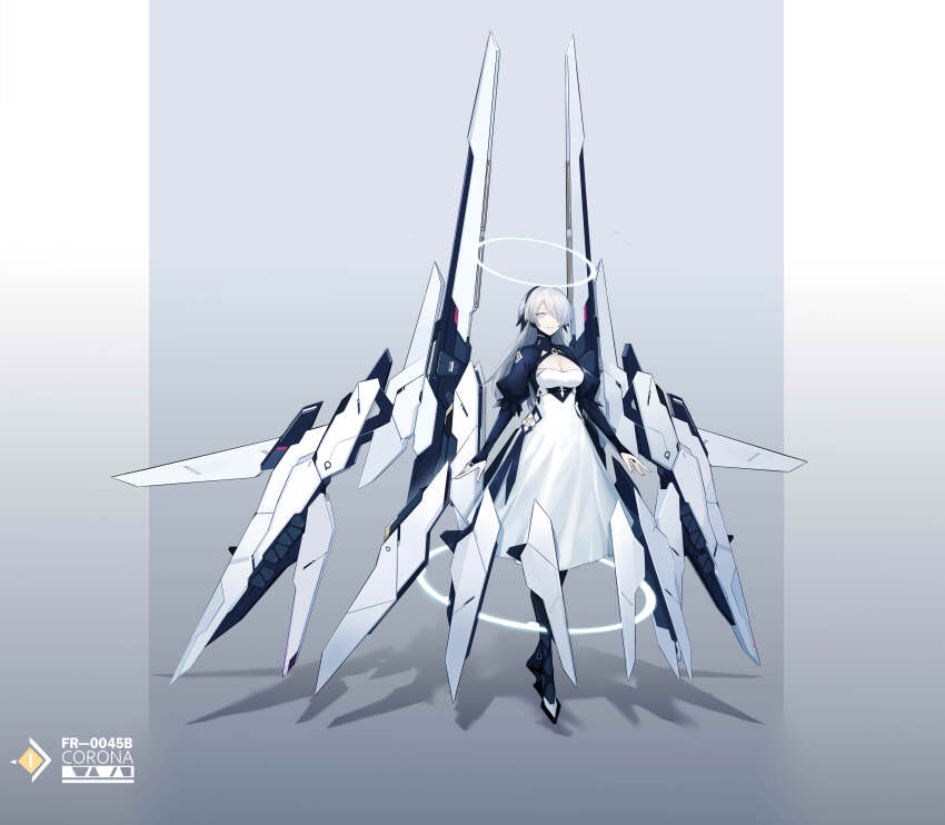 1girl absurdres breasts cleavage cleavage_cutout clothing_cutout dress full_body grey_background grey_hair hair_over_one_eye halo highres jhcrow3 juliet_sleeves large_breasts long_sleeves looking_at_viewer mecha_musume mechanical_halo mechanical_wings multicolored_hair original puffy_sleeves science_fiction shadow short_hair shrug_(clothing) solo white_dress white_hair wings