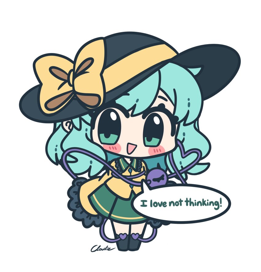 1girl antinomy_of_common_flowers black_hat blush bow chibi english_text full_body green_eyes green_hair green_skirt hat hat_bow hat_ribbon highres komeiji_koishi littlecloudie long_sleeves looking_at_viewer open_mouth ribbon short_hair simple_background skirt smile solo speech_bubble touhou white_background yellow_bow yellow_ribbon