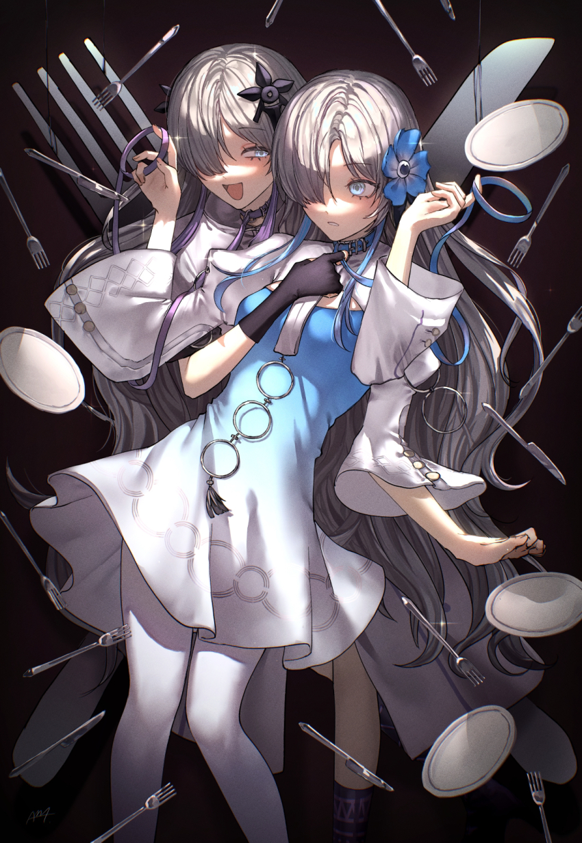 2girls am4_(am_4_2005) asymmetrical_sleeves behind_another black_background blue_dress blue_eyes blue_flower blue_hair breasts cevio coat collar dress dual_persona fingerless_gloves flower fork gloves gradient_clothes gradient_dress grey_hair hair_flower hair_ornament hair_over_one_eye half-closed_eye highres holding holding_leash isekaijoucho juliet_sleeves kamitsubaki_studio knife leash long_bangs long_hair long_sleeves looking_at_another medium_breasts multicolored_hair multiple_girls ogyougi_yoku_ne_(cevio) one_eye_covered pantyhose plate puffy_sleeves purple_hair sekai_(cevio) short_dress shrug_(clothing) simple_background single_fingerless_glove smile streaked_hair uneven_sleeves white_coat white_pantyhose wide_sleeves