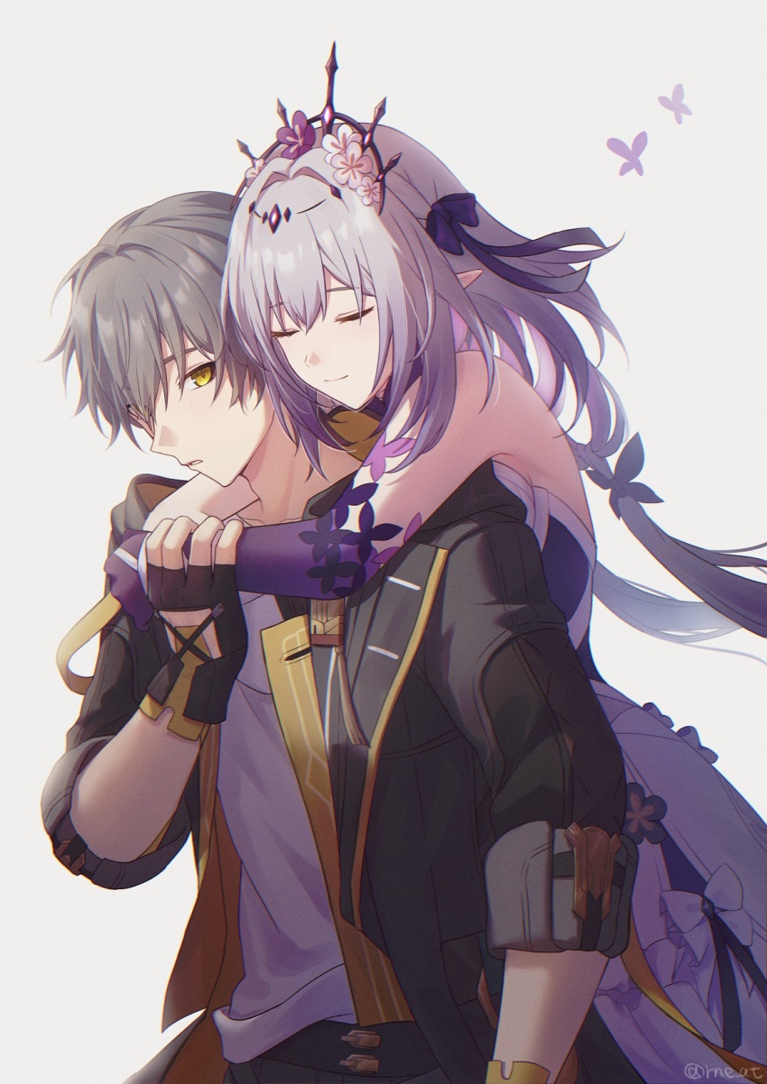 1boy 1girl black_crown black_tiara bug butterfly caelus_(honkai:_star_rail) castorice_(honkai:_star_rail) crown flower gloves grey_hair highres honkai:_star_rail honkai_(series) hug hug_from_behind insect pointy_ears purple_flower purple_gloves rune_(rne_at) tiara trailblazer_(honkai:_star_rail)