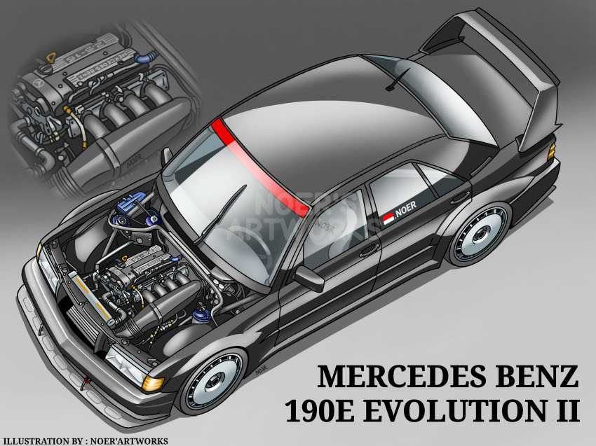 artist_name black_car car engine from_above highres indonesian_flag mercedes-benz mercedes-benz_190e motor_vehicle no_humans noerartworks original spoiler_(automobile) vehicle_focus vehicle_name watermark