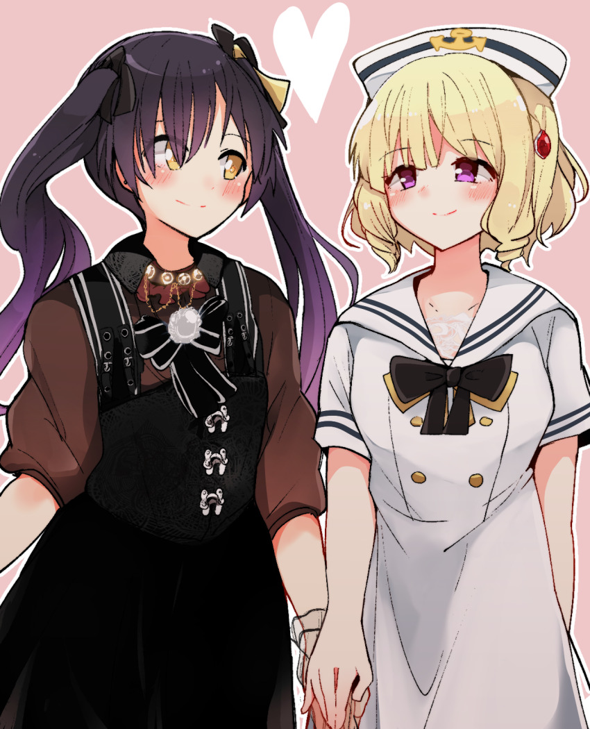 2girls anchor_symbol arms_at_sides assault_lily black_bow black_bowtie black_dress black_ribbon blonde_hair blush bow bowtie brown_shirt buttons closed_mouth collared_shirt commentary_request commission cowboy_shot dress drill_hair drill_sidelocks eye_contact hair_between_eyes hair_ribbon hat heart highres hishida_haru holding_hands imamura_yukari_(assault_lily) jewelry long_hair looking_at_another looking_to_the_side multiple_girls necklace official_alternate_costume pachio_(patioglass) pearl_necklace pinafore_dress pink_background purple_eyes purple_hair ribbon sailor_collar sailor_dress sailor_hat see-through_clothes shirt short_hair short_sleeves side-by-side sidelocks simple_background skeb_commission sleeveless sleeveless_dress three-quarter_sleeves smile standing twintails white_dress white_headwear white_sailor_collar wrist_cuffs yellow_bow yellow_bowtie yellow_eyes yellow_ribbon yuri