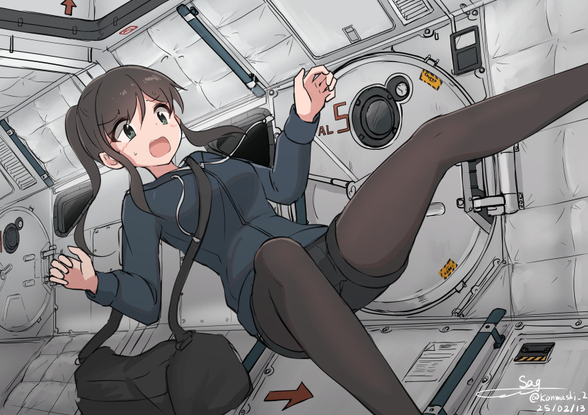 1girl absurdres bag black_pantyhose breasts brown_hair green_eyes highres hood hoodie long_hair looking_to_the_side open_mouth original pantyhose ponytail science_fiction shorts sidelocks small_breasts space space_station teisei_misagi zero_gravity