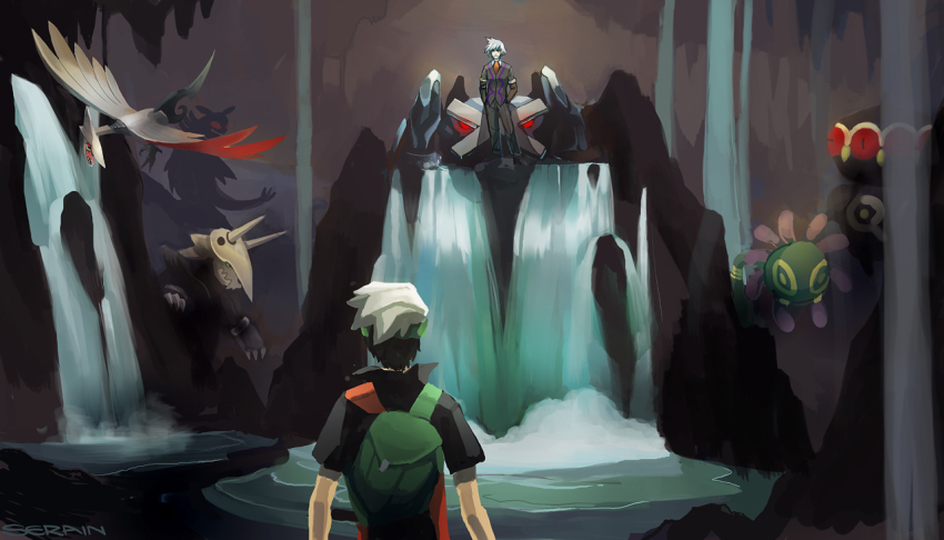 00s 2boys aggron alternate_costume armaldo artist_name backpack bag black_hair brendan_(pokemon) cave claydol cradily creature cross from_behind gen_2_pokemon gen_3_pokemon glowing glowing_eyes hand_in_pocket hat male_focus metagross multiple_boys nintendo outdoors pokemon pokemon_(creature) pokemon_rse popped_collar red_eyes serain silhouette silver_hair skarmory standing steven_stone tongue water waterfall
