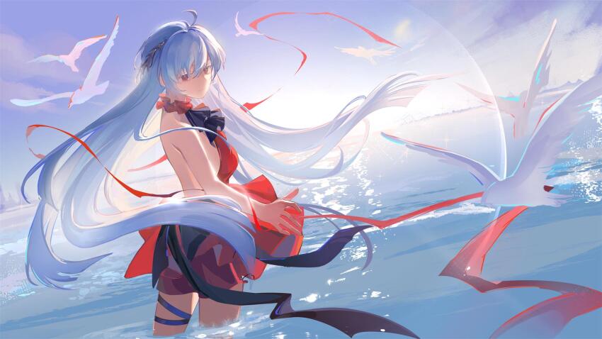 1girl angelfish arknights ascot backless_dress backless_outfit bare_shoulders bird bird_wings black_ascot blue_sky breasts cloud cowboy_shot day dress dutch_angle fish floating_hair from_behind hair_between_eyes hair_ornament highres horizon leg_ribbon long_hair medium_breasts mountainous_horizon no_gloves ocean off-shoulder_dress off_shoulder official_alternate_costume otowa outdoors red_dress red_eyes red_sleeves ribbon seagull shadow skadi_(arknights) skadi_the_corrupting_heart_(arknights) sky sleeveless smile solo standing sun tropical_fish very_long_hair wading water white_hair wings