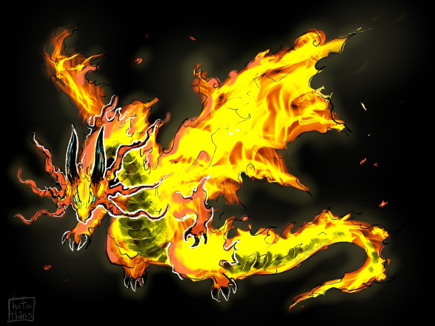 black_background blue_eyes commentary_request dragon fire fire_body full_body highres hotathino looking_at_viewer no_humans original simple_background western_dragon