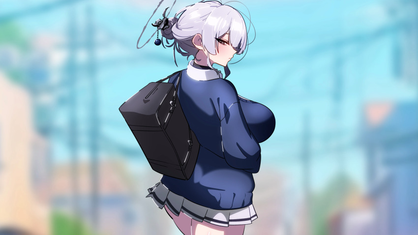 1girl absurdres bag blue_cardigan breasts cardigan grapeanime grey_eyes grey_halo hair_up halo highres itokonoue_kaoru long_sleeves pleated_skirt project_kv shoulder_bag skirt solo white_skirt