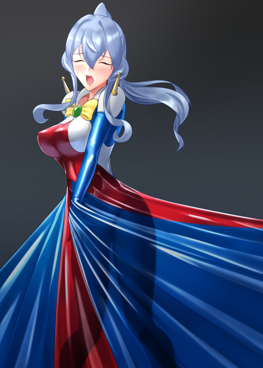 1girl allenby_beardsley allenby_beardsley_(cosplay) black_background blue_bodysuit blue_hair blush bodysuit breasts cosplay covered_erect_nipples covered_navel g_gundam gotland_(kancolle) gundam highres kantai_collection large_breasts materializing mecha_pilot_suit mobile_trace_suit multicolored_bodysuit open_mouth pilot_suit shiny_clothes skin_tight solo wata_nuki