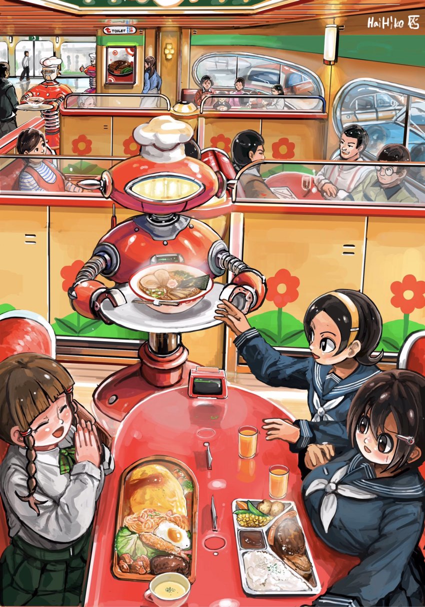6+boys 6+girls artist_name black_eyes black_hair bowl braid breast_rest breasts brown_eyes brown_hair car chopsticks closed_eyes cup egg_(food) food glass glasses hai_to_hickory hair_between_eyes hair_ornament hairband hairclip highres huge_breasts interior large_breasts motor_vehicle multiple_boys multiple_girls noodles open_mouth original own_hands_together pleated_skirt ramen restaurant rice robot sausage school_uniform serafuku short_hair signature sitting skirt small_breasts smile soup steam sunny_side_up_egg tray twin_braids window