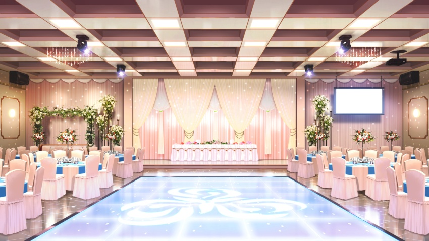ceiling_light couch curtains dance_floor disco_ball fairy_lights garland_(decoration) highres indoors light_particles mirror monitor no_humans non-web_source official_art our_life our_life:_beginnings_and_always reflective_floor scenery slipcover_chair table tablecloth tile_floor tiles too_many_flowers variant_set