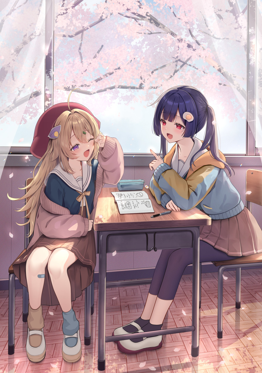 2girls :d ;d absurdres ahoge beret black_socks blonde_hair blue_hair blush brown_skirt cardigan chair cherry_blossoms classroom collarbone day desk fuyoyo hair_ornament hairclip hat highres hood hoodie index_finger_raised long_hair long_sleeves looking_at_viewer multicolored_socks multiple_girls neckerchief official_art one_eye_closed open_mouth original petals pink_cardigan pleated_skirt purple_eyes red_eyes sailor_collar school school_chair school_desk school_uniform serafuku shirt shoes sitting skirt sleeves_past_wrists smile socks sweater tree uwabaki window