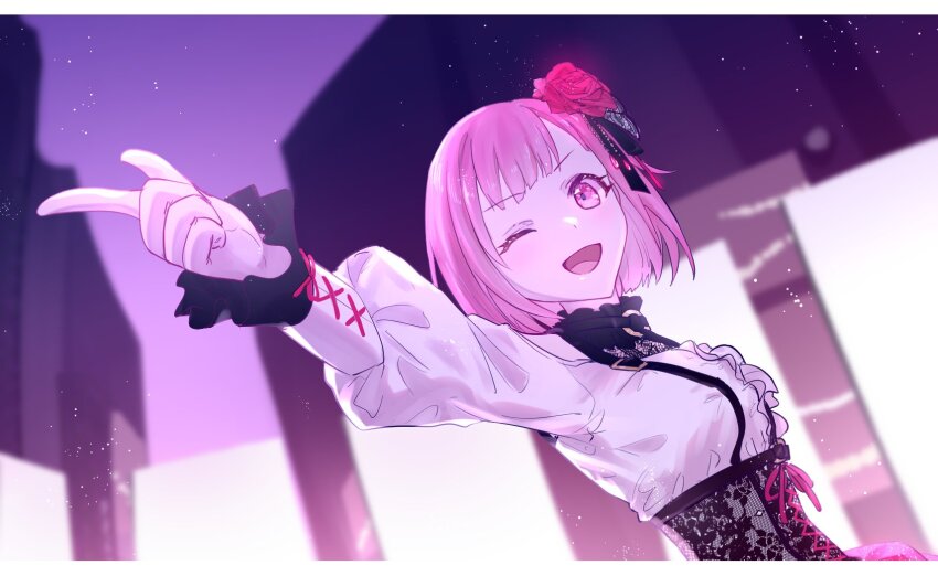 1girl :d bob_cut breasts commentary_request corset dot_nose flower frilled_shirt_collar frills hair_flower hair_ornament highres ifuudoudou_(vocaloid) index_finger_raised letterboxed long_sleeves one_eye_closed ootori_emu open_mouth outdoors parang_99 pink_eyes pink_flower pink_hair project_sekai short_hair small_breasts smile solo upper_body