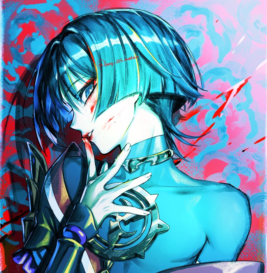1boy absurdres aqua_bodysuit aqua_hair armor armpit_crease black_kimono black_sleeves blunt_ends bright_pupils covered_collarbone drop_shadow fingernails frilled_sleeves frills genshin_impact gold hag_(hag_015) han&#039;eri hand_up highres japanese_armor japanese_clothes jewelry kimono kote kurokote layered_kimono layered_sleeves limited_palette looking_at_viewer male_focus mitsudomoe_(shape) neck_ring open_clothes open_hand open_kimono open_mouth portrait purple_eyes purple_hair purple_sleeves red_kimono ringed_eyes scaramouche_(genshin_impact) short_sleeves single_off_shoulder single_sode solo tomoe_(symbol) tsurime twitter_username white_kimono white_mouth white_pupils