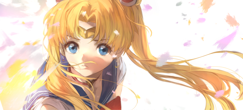 1girl absurdres bishoujo_senshi_sailor_moon bishoujo_senshi_sailor_moon_s blonde_hair blue_eyes falling_petals highres long_hair looking_at_viewer meme petals raised_eyebrows sailor_moon sailor_moon_redraw_challenge_(meme) saitogiulio school_uniform serafuku solo tsukino_usagi twintails upper_body wind