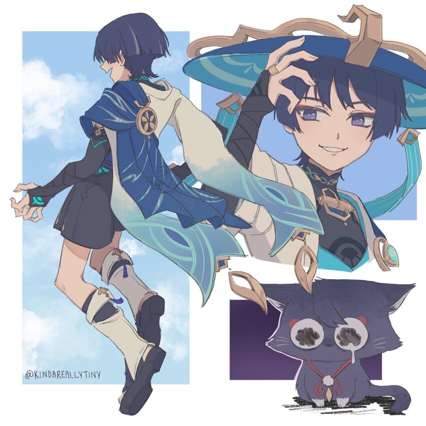 1boy armor black_cat black_sandals black_shirt black_shorts black_socks blue_cape blue_hair blue_hat blue_ribbon blue_sleeves blue_vest blunt_ends bow bowtie cape cat cloud crying crying_with_eyes_open dark_blue_hair eyeliner floating from_back genshin_impact glowing_tattoo gold_trim gradient_sleeves grin hakama hakama_shorts hand_on_headwear hat highres japanese_armor japanese_clothes jewelry jingasa kindareallytiny kote kurokote long_sleeves makeup male_focus mandarin_collar necklace open_clothes open_vest parted_bangs pom_pom_(clothes) purple_eyes red_bow red_bowtie red_eyeliner ribbon ring sandals scaramouche_(cat)_(genshin_impact) scaramouche_(genshin_impact) shirt short_hair short_sleeves shorts smile socks solo tassel tattoo tears two-tone_vest vest vision_(genshin_impact) wanderer_(genshin_impact) whiskers white_background white_sleeves white_socks white_vest