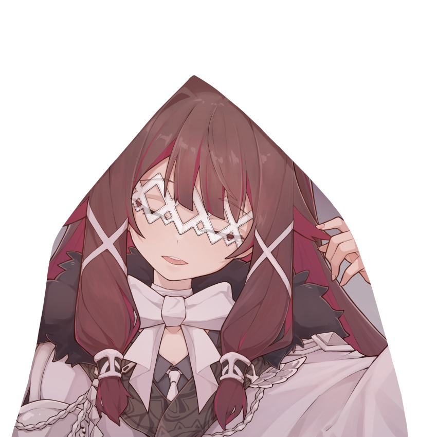1girl absurdres black_hair closed_eyes coat columbina_(genshin_impact) dress eye_mask fatui_coat fur-trimmed_coat fur_trim genshin_impact hair_ornament head_wings highres long_hair mmhomm multicolored_hair pink_hair ribbon smile solo streaked_hair teeth two-tone_hair upper_teeth_only white_mask wings