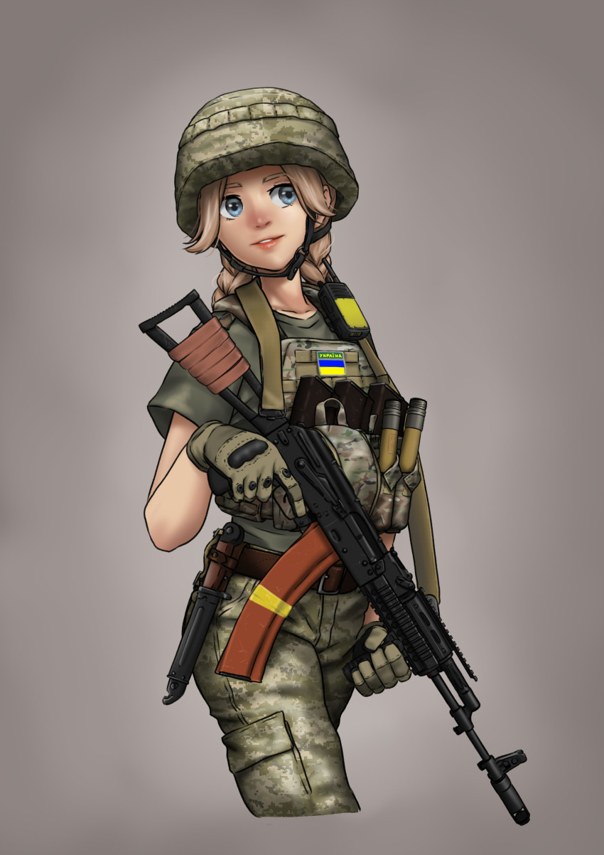 1girl absurdres ak-47 assault_rifle belt blonde_hair blue_eyes brown_belt bulletproof_vest camouflage cargo_pants chin_strap combat_knife flare gloves green_gloves green_pants green_shirt grey_background gun helmet highres kalashnikov_rifle knife knife_sheath magazine_(weapon) mardjan military military_combat_uniform military_fatigues military_uniform original pants rifle sheath shirt short_sleeves solo trigger_discipline ukrainian_flag ukrainian_ground_forces walkie-talkie weapon