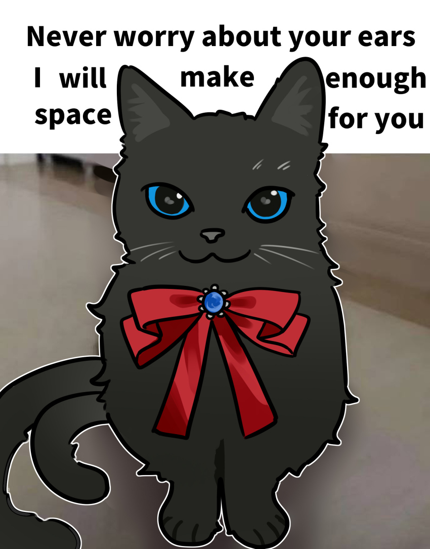 1girl :3 alternate_language arknights black_eyes black_fur blue_sclera caption cat miss_christine_(arknights) closed_mouth colored_sclera english_text get_them_bigass_ears_out_of_the_caption_(meme) highres looking_at_viewer meme multiple_tails neck_ribbon no_humans outline parody photo-referenced red_ribbon ribbon smile solo tail two_tails white_outline wwfo_2