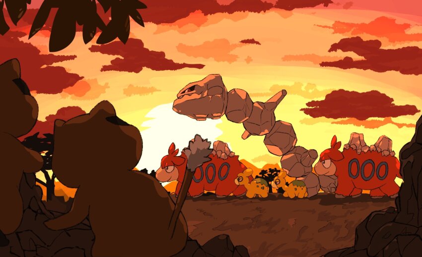 aomon_(yuuji7604) black_eyes camerupt cloud cloudy_sky gen_2_pokemon gen_3_pokemon gen_5_pokemon grass highres leaf nintendo no_humans numel outdoors patrat pokemon pokemon_(creature) red_eyes rock sky steelix sunset tail tree