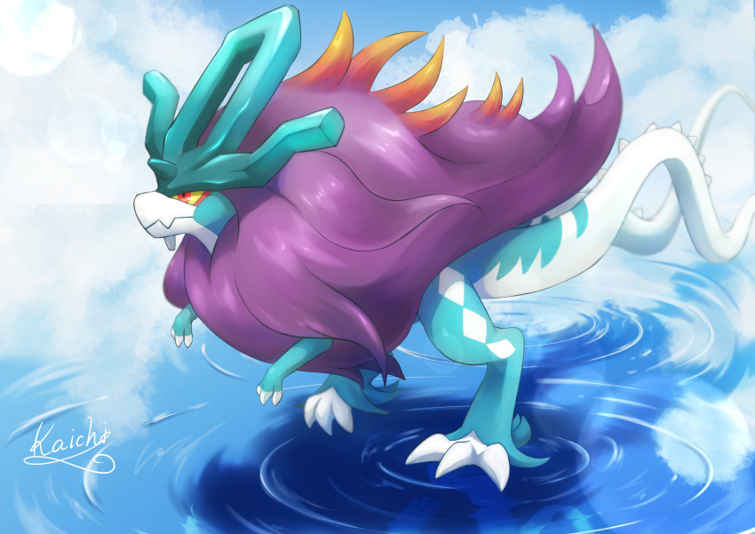 absurdres claws closed_mouth commentary_request day fang highres kaichi_(tomiyu25) nintendo no_humans outdoors pokemon pokemon_(creature) ripples signature skin_fang solo standing walking_wake