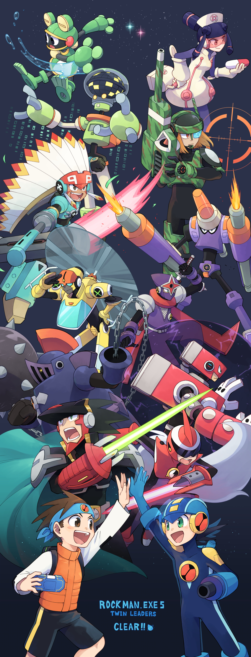 1girl 6+boys absurdres arm_cannon banana blue_helmet brown_eyes brown_hair cape colonel.exe_(mega_man) colored_sclera commentary_request english_text food fruit green_eyes grey_hair gun gyroman.exe helmet high_five highres holding holding_sword holding_weapon kinusaya_endow knightman.exe lan_hikari_(mega_man) long_hair magnetman.exe meddy.exe_(mega_man) mega_man_(series) mega_man_battle_network mega_man_battle_network_(series) mega_man_battle_network_5 megaman.exe multiple_boys napalmman.exe ninja numberman.exe personal_terminal protoman.exe rifle searchman.exe shadow shadowman.exe short_hair sniper_rifle sword toadman.exe tomahawkman.exe water weapon yellow_sclera