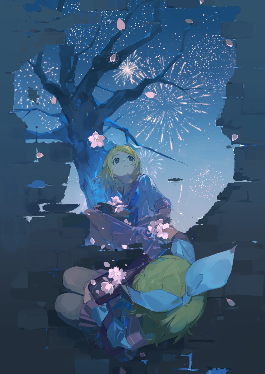 1girl absurdres black_sailor_collar blonde_hair bow brick_wall cherry_blossoms falling_petals fireworks flower hair_bow hair_ornament hairclip highres holding irple kagamine_rin looking_up neckerchief night night_sky outdoors petals pleated_skirt reflection sailor_collar school_uniform serafuku shirt short_hair sitting skirt sky tree vocaloid white_bow