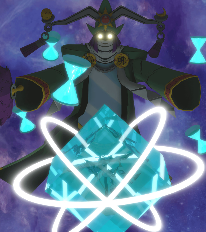 ancientwisemon digimon floating glowing glowing_eyes hand_fan highres hood looking_at_another mirror yellow_eyes