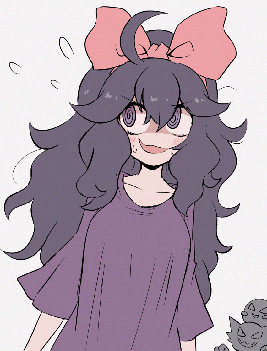 1girl @_@ ahoge alternate_breast_size bow bow_hairband cosplay creatures_(company) dress flying_sweatdrops game_freak gastly gen_1_pokemon grey_background grey_hair hair_between_eyes hair_bow hairband haunter hex_maniac_(pokemon) highres kiki_(majo_no_takkyuubin) kiki_(majo_no_takkyuubin)_(cosplay) kurachi_mizuki long_hair majo_no_takkyuubin nervous nintendo pokemon pokemon_(creature) pokemon_xy purple_dress purple_eyes simple_background