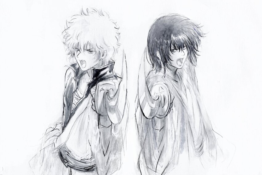 2boys alternate_hair_length alternate_hairstyle back-to-back commentary commentary_request gintama graphite_(medium) greyscale high_collar highres holding holding_sword holding_weapon japanese_clothes katana katsura_kotarou kimono long_sleeves looking_at_viewer lushu_kuye male_focus messy_hair monochrome multiple_boys open_clothes open_mouth pointing popped_collar sakata_gintoki sketch sword traditional_media weapon white_background wide_sleeves