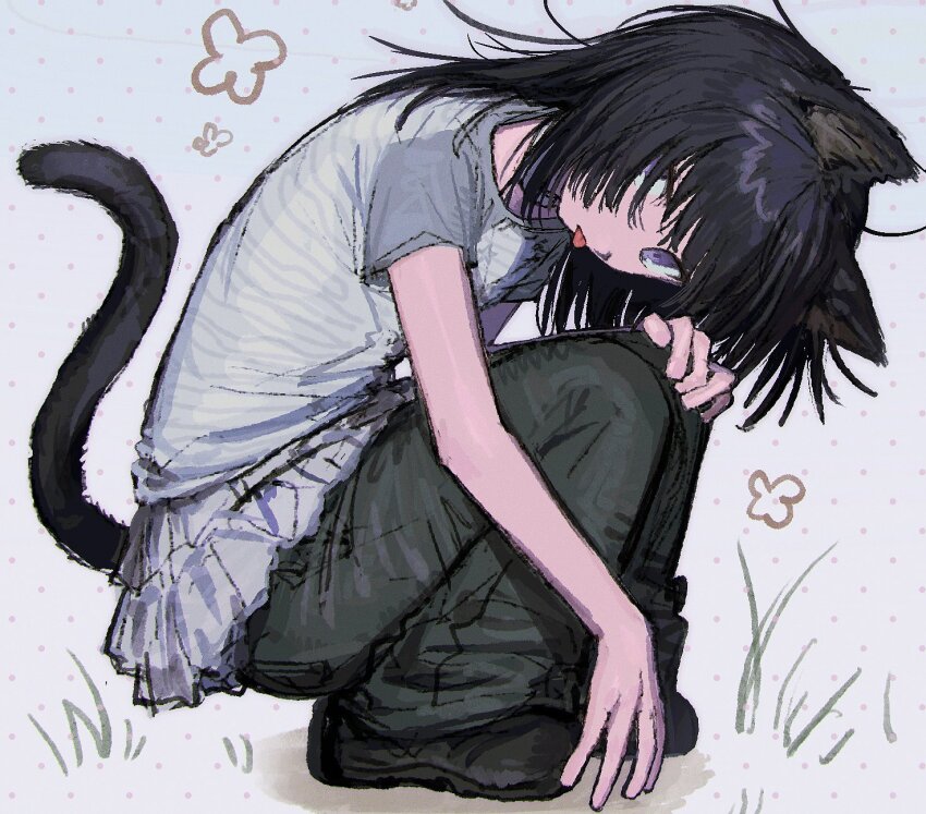 1girl animal_ears black_hair black_pants black_shoes cat_ears cat_girl cat_tail film_grain full_body grey_shirt highres layered_skirt long_hair original pants pants_under_skirt pleated_skirt polka_dot polka_dot_background purple_eyes raglan_sleeves shirt shoes short_sleeves skirt solo squatting striped_clothes striped_shirt tail tokiwa_(rqawxl) tongue tongue_out white_shirt white_skirt
