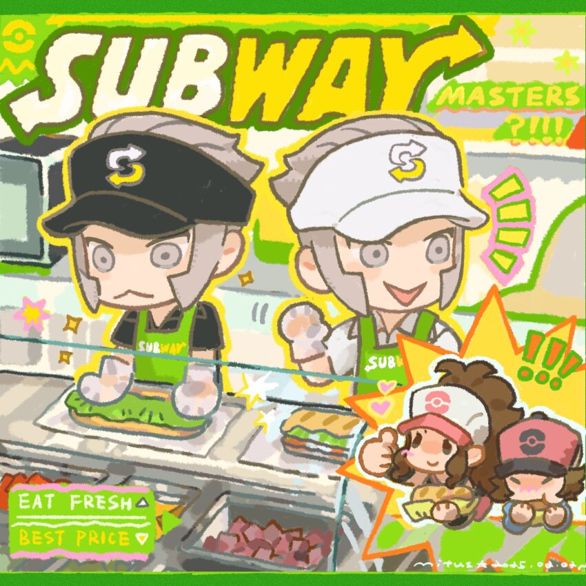 ! !? 1girl 3boys :&gt; :&lt; alternate_costume apron arm_up baseball_cap black_hat brothers brown_hair closed_mouth collared_shirt commentary_request eating emmet_(pokemon) english_text food gloves grey_eyes grey_hair hair_intakes hair_slicked_back hat highres hilbert_(pokemon) hilda_(pokemon) ingo_(pokemon) logo long_hair male_focus microwave mitus motion_lines multiple_boys nintendo open_mouth outstretched_arm pokemon pokemon_bw ponytail pun sandwich shirt short_hair short_sleeves siblings side-by-side sideburns sparkle star_(symbol) t-shirt thumbs_up twins visor_cap waving white_hat white_shirt wing_collar