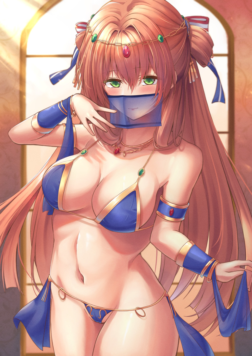 1girl alternate_costume arm_up bare_shoulders belly_dancer belly_dancing bikini blue_bikini blush breasts cleavage closed_mouth collarbone dancer feet_out_of_frame girls&#039;_frontline green_eyes hair_ornament hair_ribbon highres jewelry lips long_hair looking_at_viewer medium_breasts mouth_veil navel necklace orange_hair ribbon smile solo springfield_(girls&#039;_frontline) standing stomach swimsuit veil xlscaler