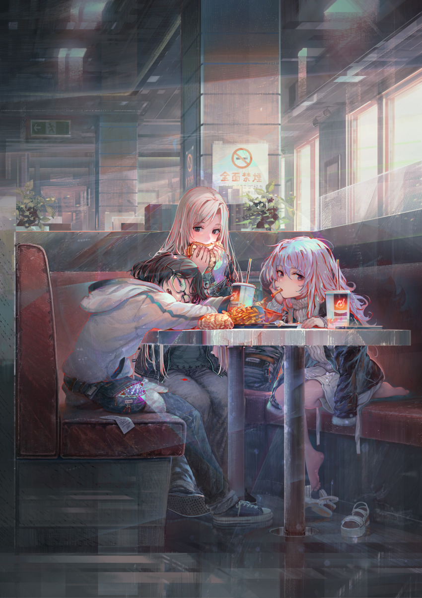3girls blonde_hair booth_seating brown_hair burger cover cover_image cover_page denim eating fang food french_fries glasses highres holding holding_food hood hoodie indoors jeans kamikoshi_sorawo kozakura_(urasekai_picnic) multiple_girls nishina_toriko no_smoking novel_cover novel_illustration official_art pants restaurant shirakaba shoes sleeping sneakers table urasekai_picnic white_hair