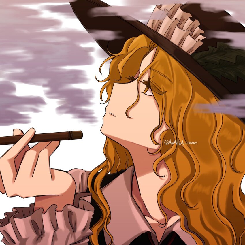 1girl amacha_0000 blonde_hair blowing_smoke brown_hat brown_vest collared_shirt commentary_request dolls_in_pseudo_paradise frilled_hat frilled_shirt_collar frills hat hat_feather highres holding holding_smoking_pipe jacket_girl_(dipp) long_hair long_sleeves shirt smoking_pipe solo touhou upper_body very_long_hair vest wavy_hair white_shirt yellow_eyes