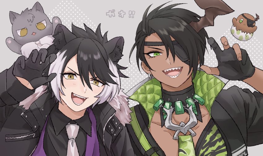 2boys :d animal_ear_fluff animal_ears aragami_oga black_coat black_gloves black_hair claw_pose coat dark-skinned_male dark_skin eyepatch fangs gloves green_eyes green_neckwear highres holostars horns jackal_ears kageyama_shien male_focus mioto_(tsubsq_m) multicolored_hair multiple_boys necktie open_mouth sharp_teeth single_horn smile streaked_hair teeth upper_body virtual_youtuber white_hair yellow_eyes