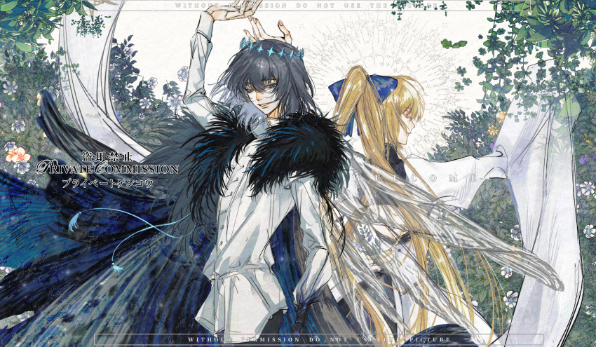 1boy 1girl arthropod_boy artoria_caster_(fate) artoria_caster_(third_ascension)_(fate) artoria_pendragon_(fate) back-to-back back_cutout blonde_hair blue_bow blue_eyes bow cape closed_eyes clothing_cutout commission crown diamond_hairband dragonfly_wings dress f3000_kiara fate/grand_order fate_(series) flower flower_bush fur-trimmed_cape fur_trim grey_hair hair_bow highres insect_wings long_hair long_sleeves medium_hair oberon_(fate) oberon_(third_ascension)_(fate) ponytail shirt smile upper_body white_dress white_shirt wide_sleeves wing_cape wings