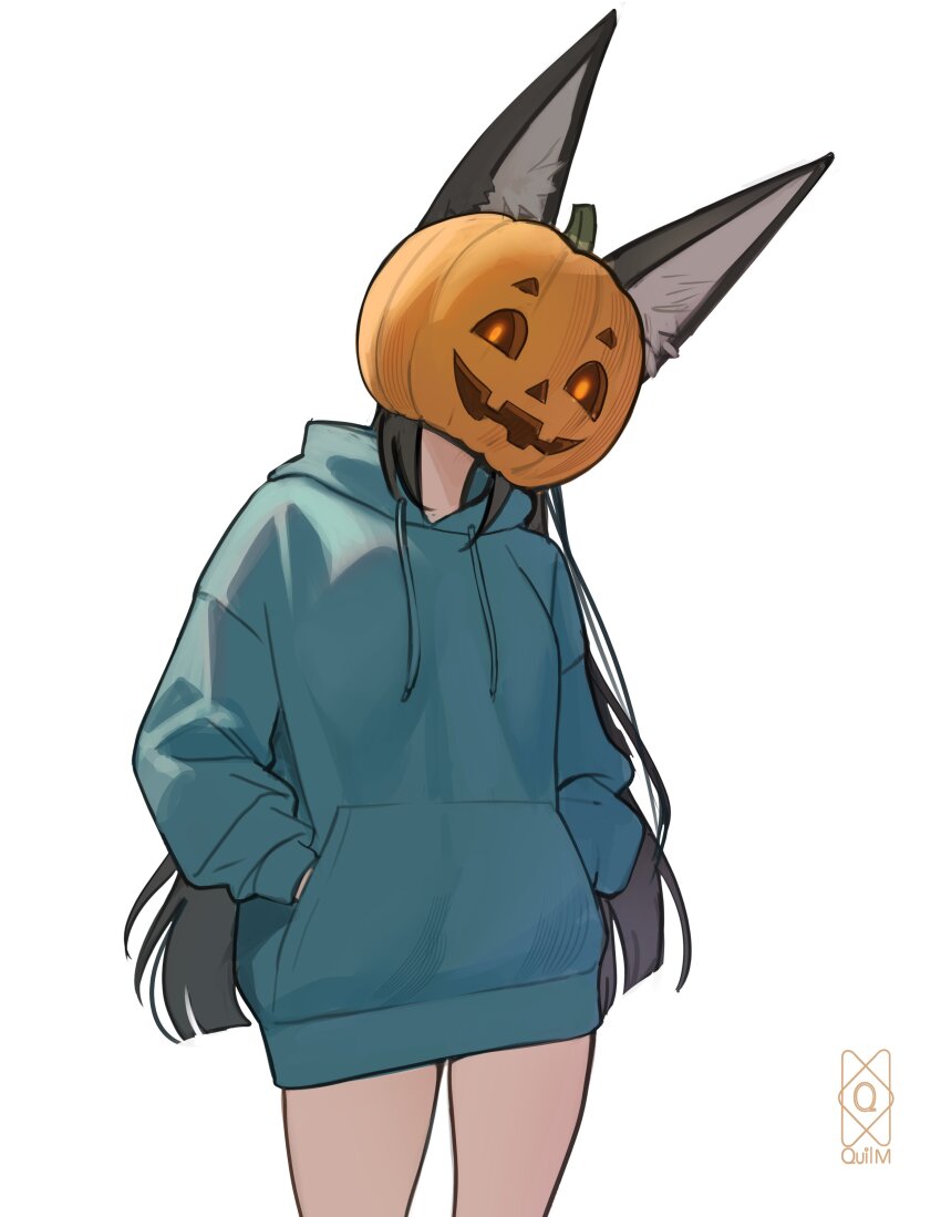 1girl absurdres bare_legs blue_hoodie commentary contrapposto english_commentary hands_in_pocket highres hood hood_down hoodie hoshimi_miyabi jack-o&#039;-lantern long_hair long_sleeves looking_at_viewer quilm signature simple_background very_long_hair white_background zenless_zone_zero