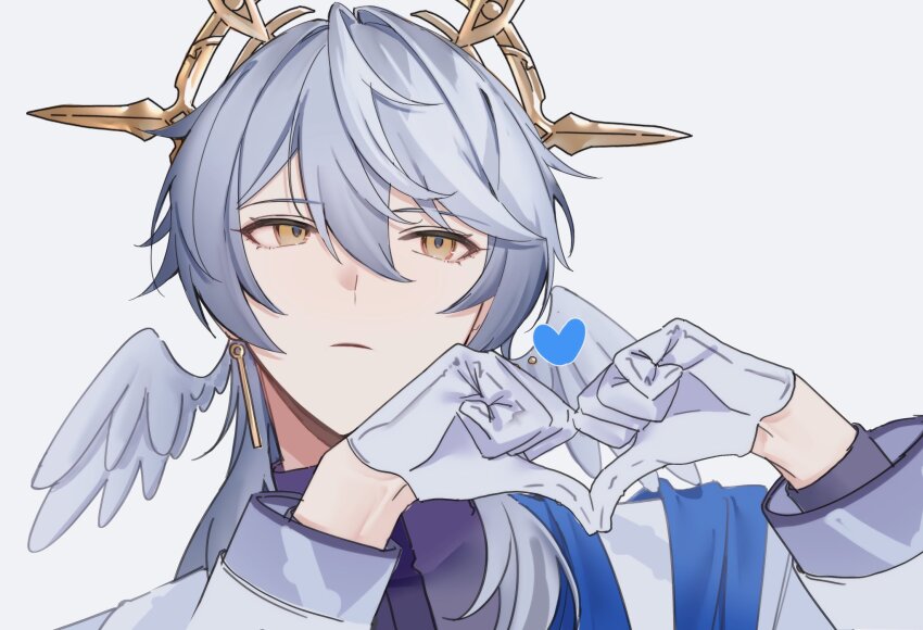 1boy blue_ribbon closed_mouth commentary_request earrings expressionless feathered_wings gloves gold_earrings grey_hair hair_between_eyes hair_over_shoulder halo halo_behind_head hands_up head_wings heart heart_hands highres honkai:_star_rail honkai_(series) jacket jewelry long_sleeves looking_at_viewer male_focus medium_hair open_clothes open_jacket peridot_(periperi_8) piercing purple_shirt ribbon shirt simple_background solo sunday_(honkai:_star_rail) sunday_(sacerdos&#039;_relived_ordeal)_(honkai:_star_rail) turtleneck upper_body white_background white_gloves white_jacket white_wings wing_piercing wings yellow_eyes