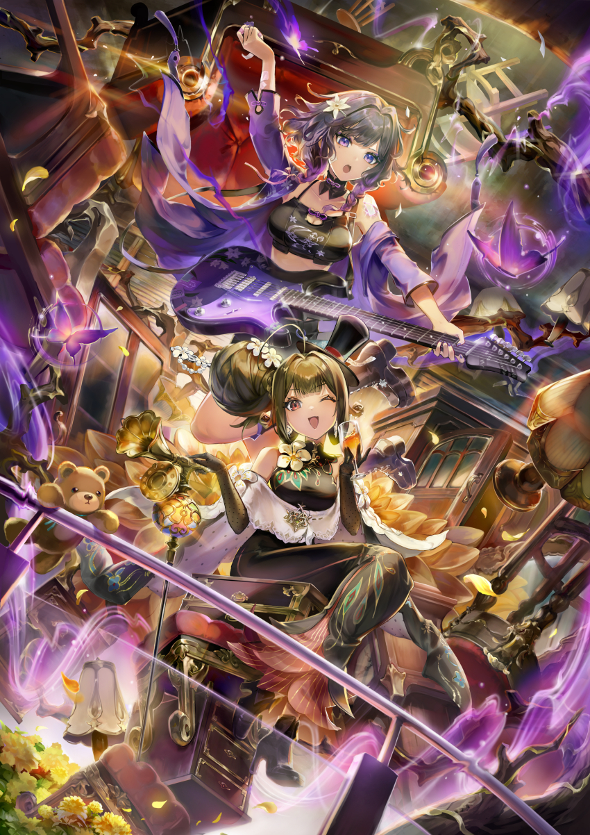 2girls :o ;d absurdres ahoge ankle_boots arm_up bare_tree black_boots black_collar black_dress black_gloves black_hair black_hat black_shirt black_shorts block_heels boots braid breasts brown_hair bug bun_with_braided_base butterfly cane center-flap_bangs chair cleavage cleavage_cutout clothing_cutout collar collarbone couch crop_top cup cupping_glass dahlia door drawer dress drink drinking_glass earrings elbow_gloves emuyemu eyeshadow falling_petals feather_print floating floating_object floral_print flower fold-over_boots full_body gauze gauze_on_arm gauze_on_cheek gauze_on_shoulder gloves glowing_butterfly gradient_hair guitar guitar_strap hair_bun hair_intakes hair_ornament hair_stick hairclip hat high_heel_boots high_heels highres hobble_dress holding holding_cane holding_cup holding_guitar holding_instrument holding_plectrum huge_hair_bun insect instrument jacket jewelry jumping lace-up_boots lamp light_particles liqing_(xinyue_tongxing) long_dress makeup mandarin_collar medium_breasts medium_hair mini_hat mini_top_hat mole mole_under_eye multicolored_hair multiple_girls music neck_flower one_eye_closed open_clothes open_jacket open_mouth petals phonograph platform_boots playing_guitar playing_instrument plectrum polka_dot_gloves print_shirt purple_butterfly purple_eyes purple_eyeshadow purple_hair purple_jacket railing red_eyes shawl shirt shorts sidelocks_tied_back single_bare_shoulder single_off_shoulder single_side_bun sitting sleeveless sleeveless_dress sleeveless_shirt smile spaghetti_strap stained_glass stool stuffed_animal stuffed_toy teddy_bear three-quarter_sleeves tilted_headwear top_hat treasure_chest tree twin_braids white_flower white_shawl wine_glass xinyue_tongxing yelai_(xinyue_tongxing) yellow_flower