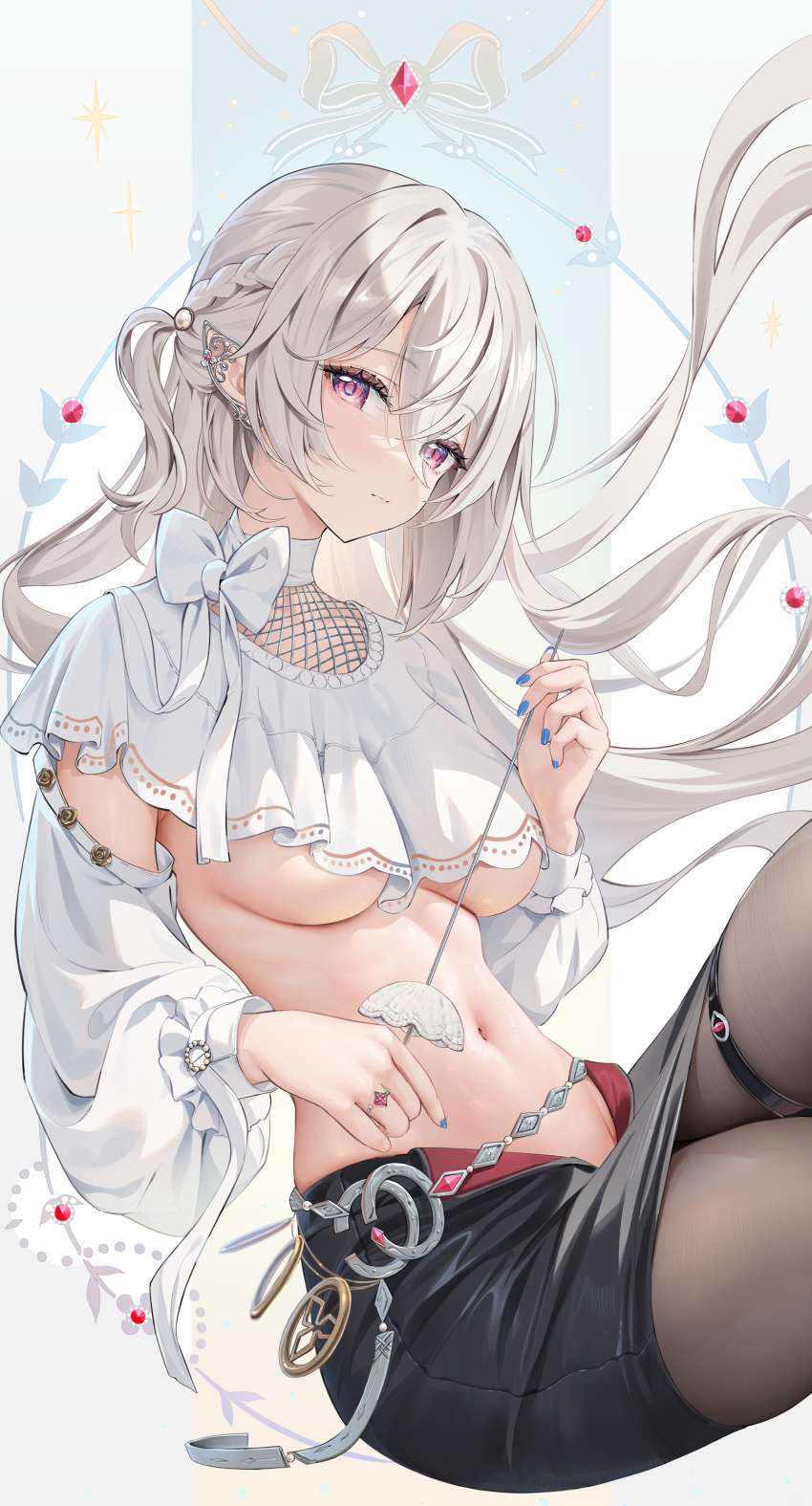 1girl absurdres black_pantyhose black_skirt blue_nails breasts closed_mouth commentary detached_sleeves hair_between_eyes highres holding houkisei jewelry long_hair long_sleeves looking_at_viewer medium_breasts miniskirt nail_polish navel original pantyhose pointy_ears purple_eyes ring skirt solo stomach thigh_strap underboob