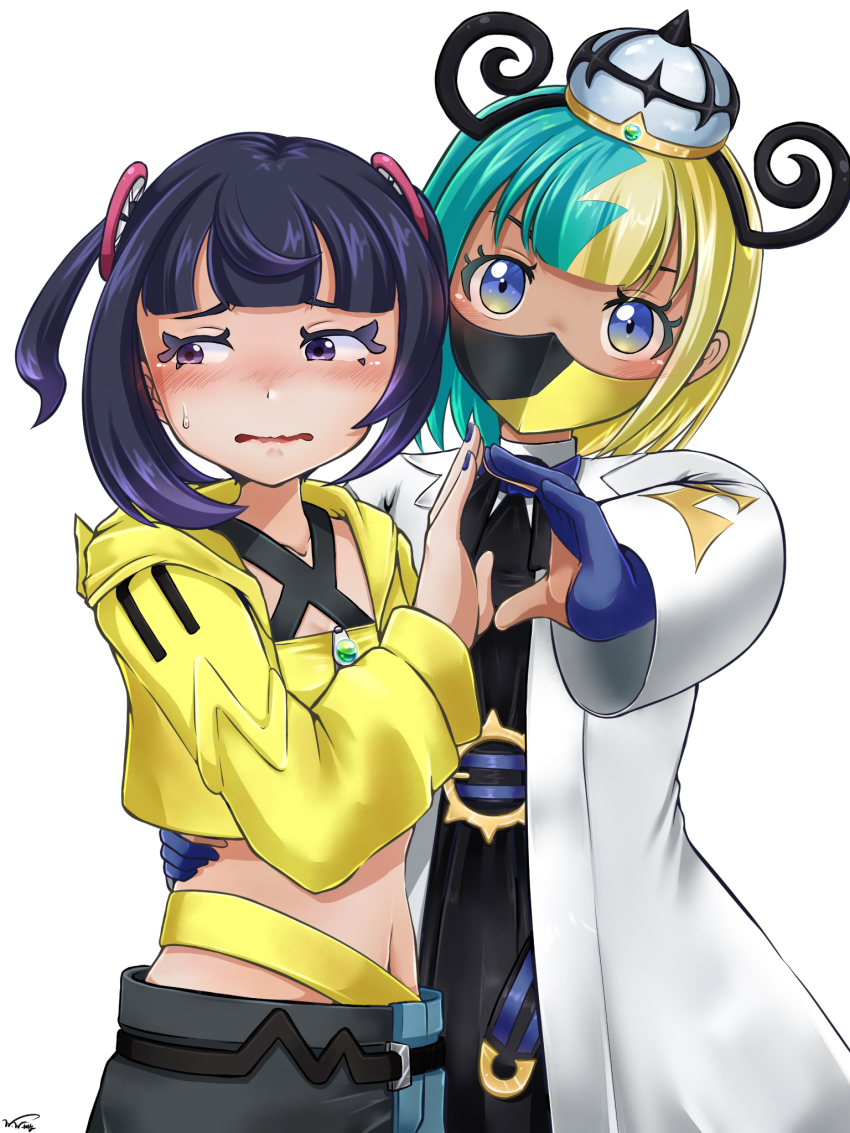 2girls alternate_hairstyle aqua_hair bandeau belt black_dress black_hair black_mask blonde_hair blue_eyes blue_gloves blunt_bangs blush bob_cut canari_(pokemon) center-flap_bangs coat cosplay costume_switch criss-cross_straps dark-skinned_female dark_skin dress gloves gradient_hair gwynn_(pokemon) hairstyle_switch highres jacket long_sleeves mask mouth_mask multicolored_hair multiple_girls nintendo o-ring o-ring_belt open_clothes open_coat pants partially_fingerless_gloves pokemon pokemon_legends:_z-a purple_eyes purple_hair raised_eyebrows short_hair short_twintails split-color_hair twintails two-tone_mask two-tone_pants w.wing_(wheelwing708) wavy_mouth white_coat yellow_bandeau yellow_jacket yellow_mask
