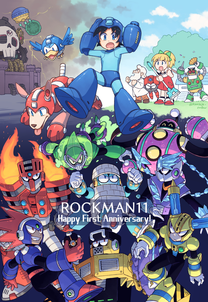 1girl acid_man auto_(mega_man) beard beat_(mega_man) blast_man block_man blonde_hair blue_eyes bounce_man broom brown_hair clenched_teeth cloud cloudy_sky commentary_request dark_clouds day dr._light_(mega_man) eddie_(mega_man) english_text evil_smile facial_hair fire fuse_man green_eyes grey_hair hand_fan helmet highres holding holding_broom holding_fan house impact_man kinusaya_endow lightning long_hair mega_man_(character) mega_man_(classic) mega_man_(series) mega_man_11 no_mouth old old_man red_eyes robot roll_(mega_man) rush_(mega_man) short_hair sky smile teeth torch_man tree tundra_man yellow_eyes